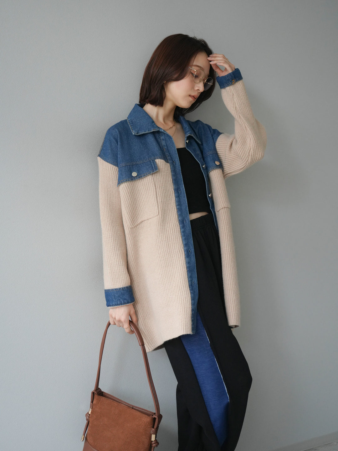 [予約]デニム襟付きニットジャケット/beige