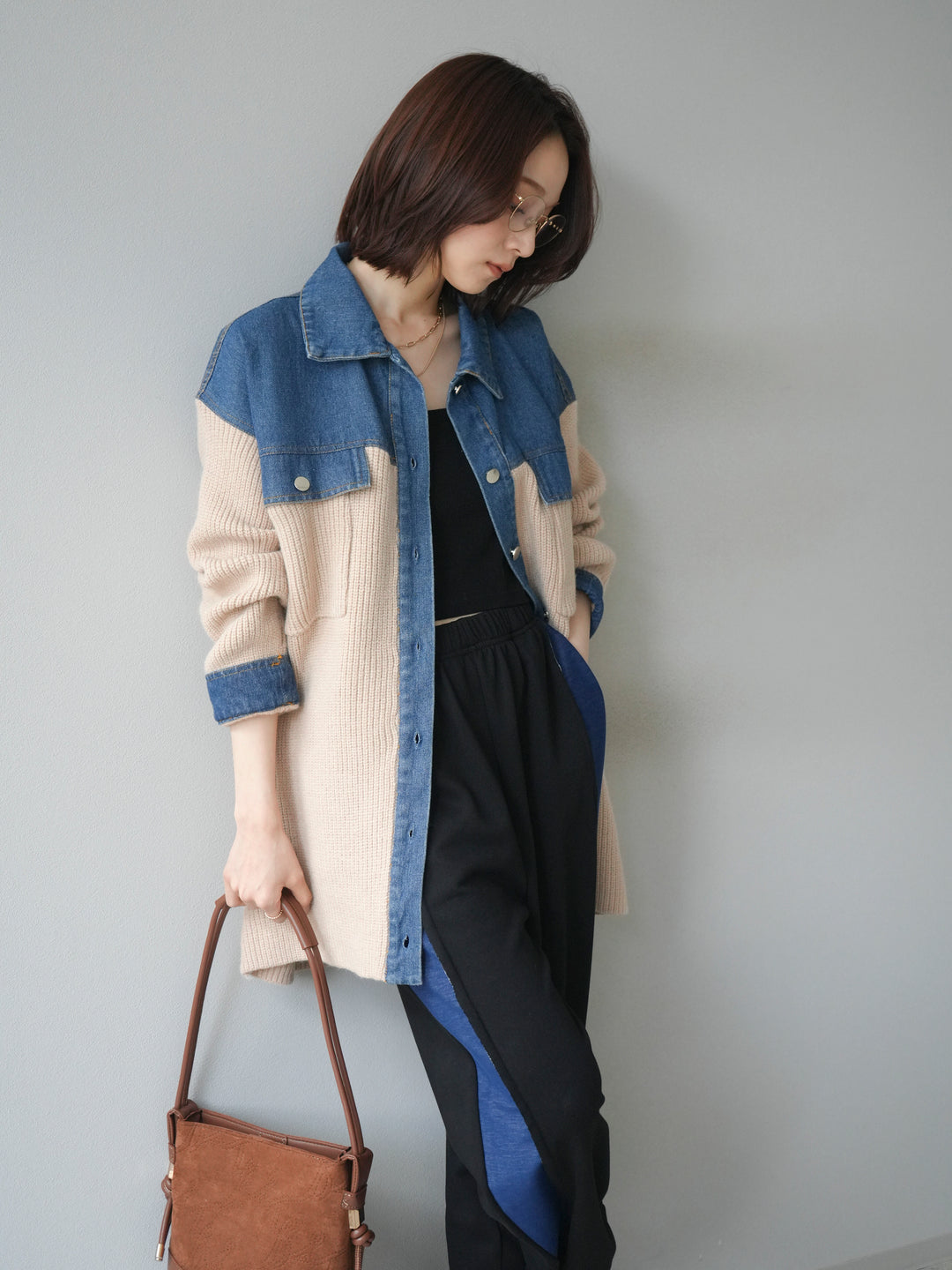 [予約]デニム襟付きニットジャケット/beige