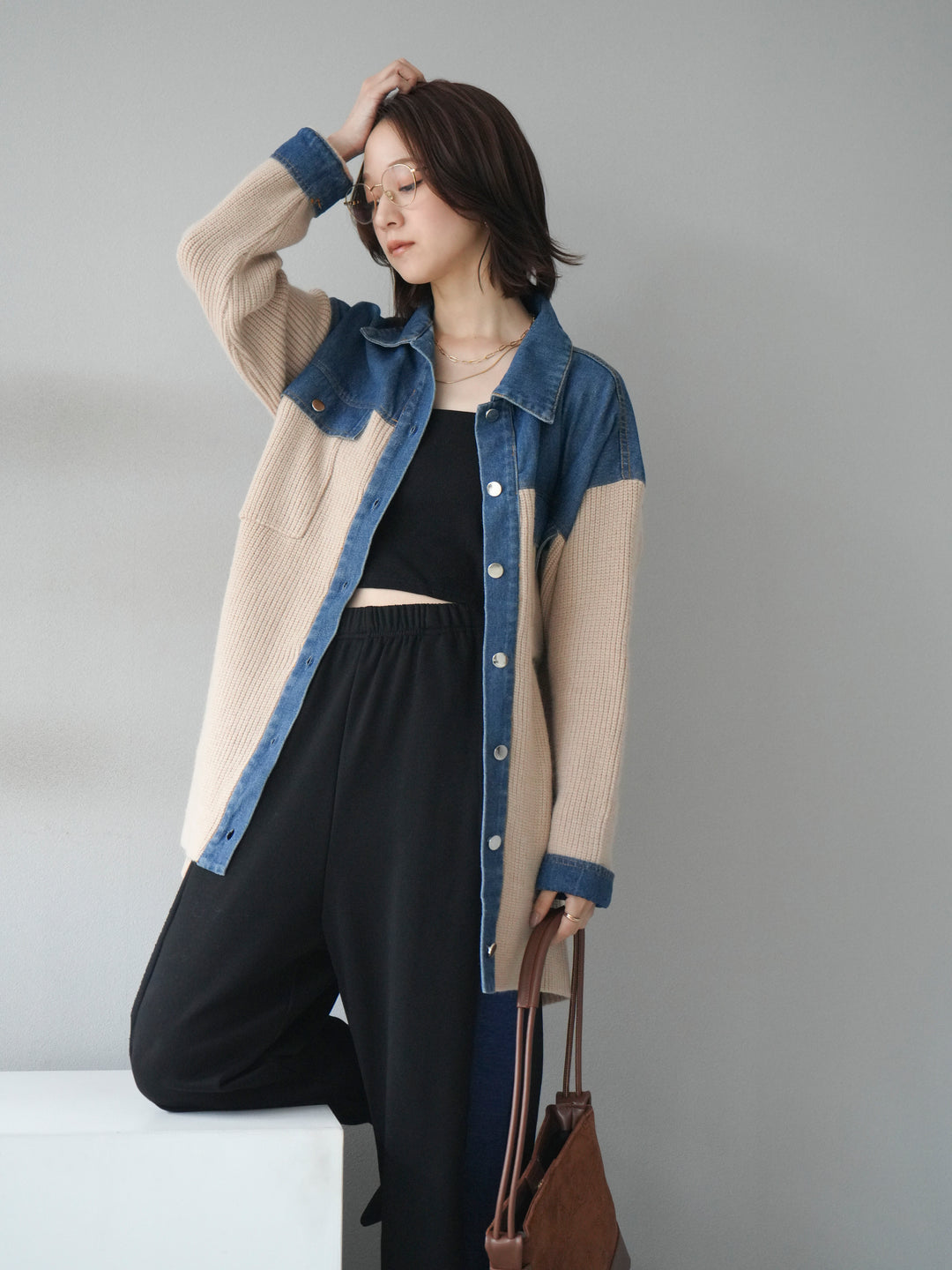[予約]デニム襟付きニットジャケット/beige