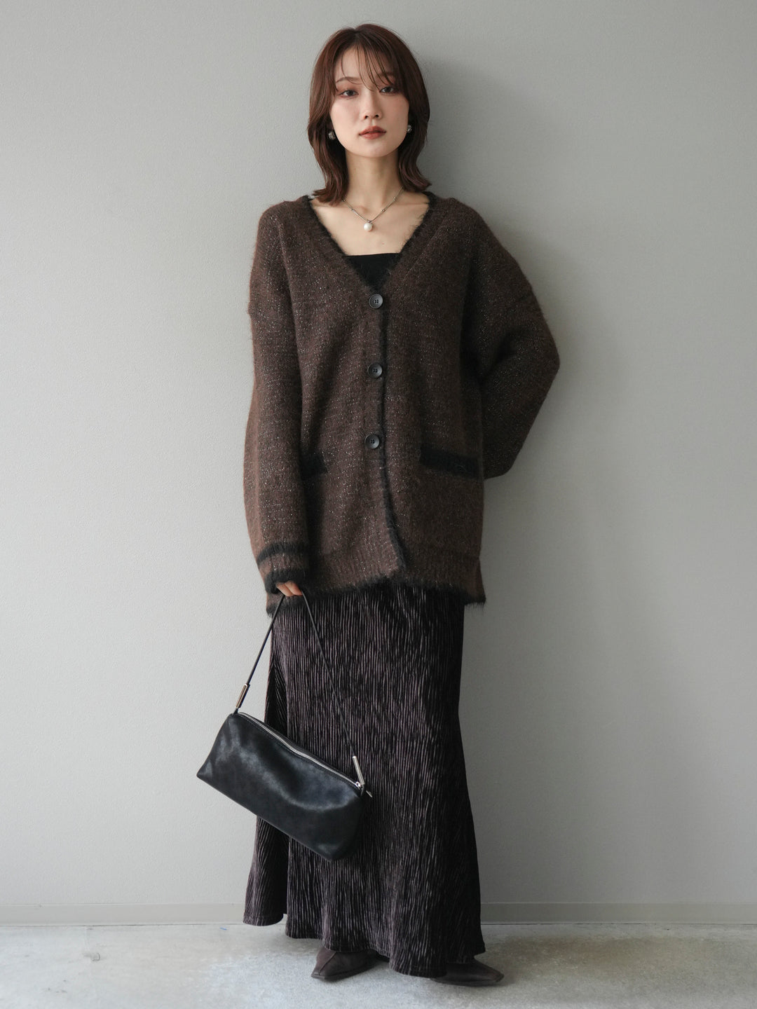[予約]バイカラーラメニットカーディガン/brown