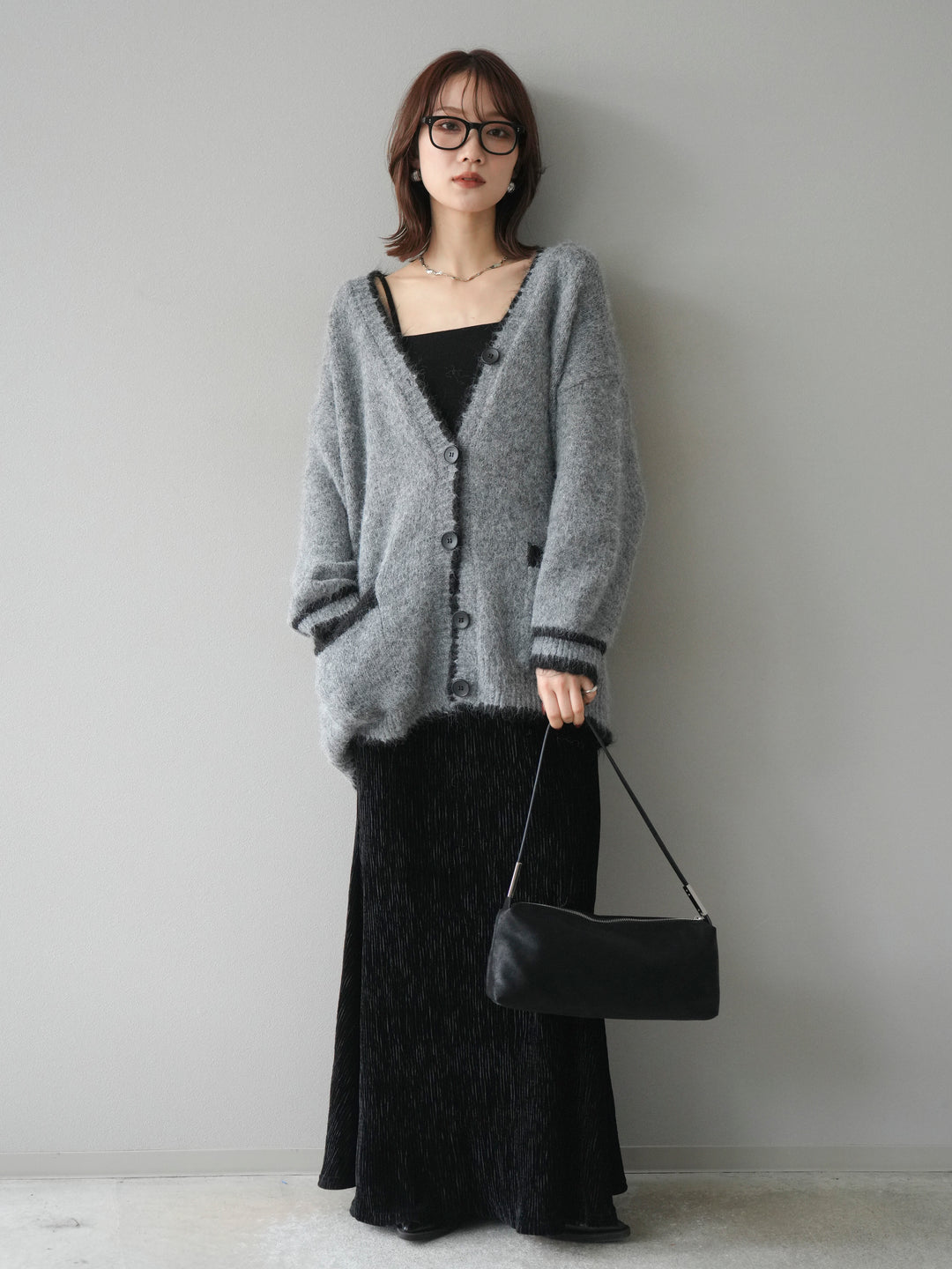 [予約]バイカラーラメニットカーディガン/gray