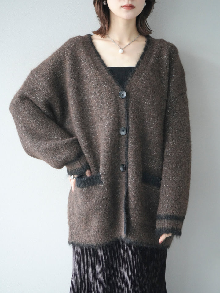 [予約]バイカラーラメニットカーディガン/brown