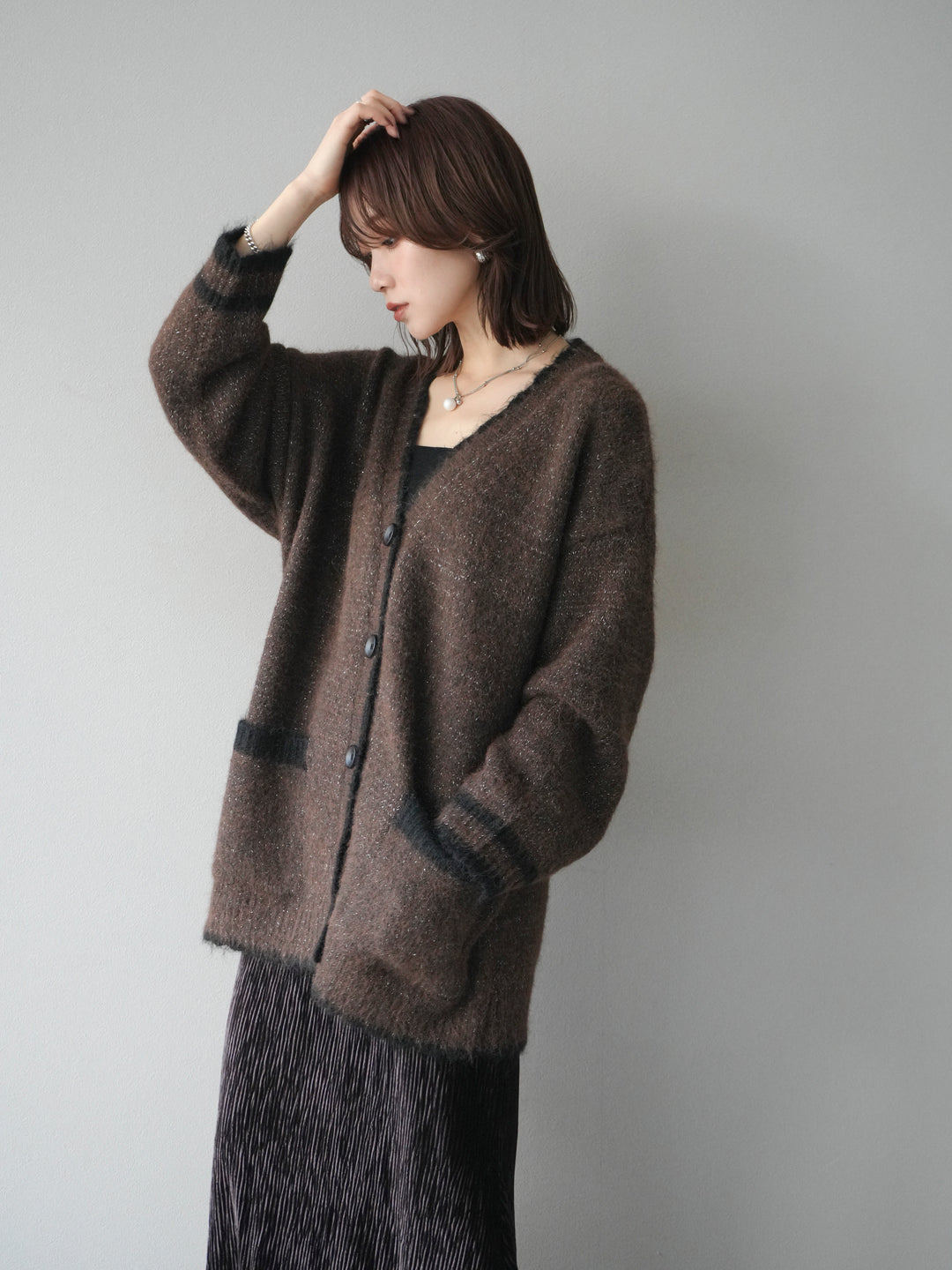 [予約]バイカラーラメニットカーディガン/brown