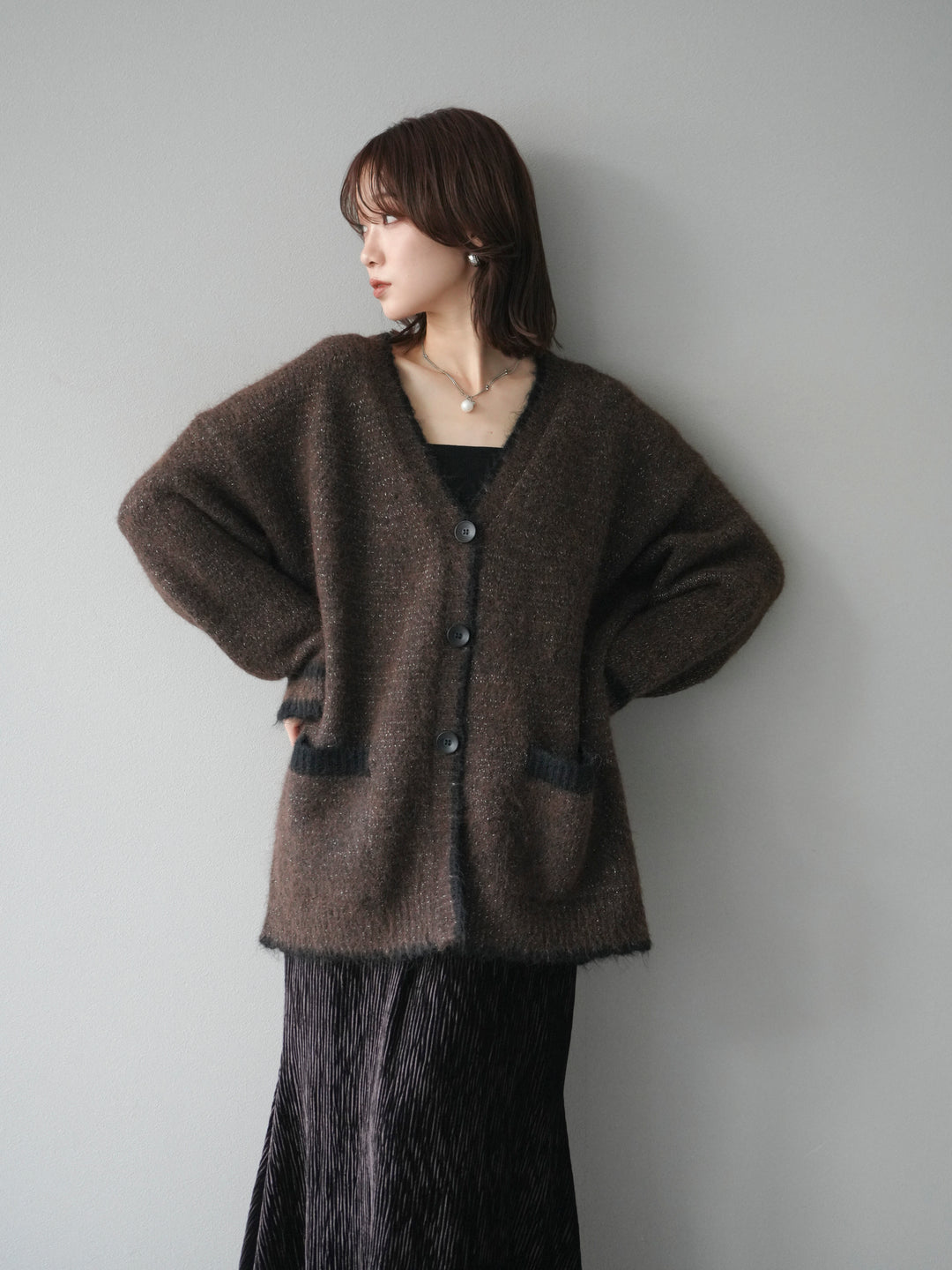 [予約]バイカラーラメニットカーディガン/brown