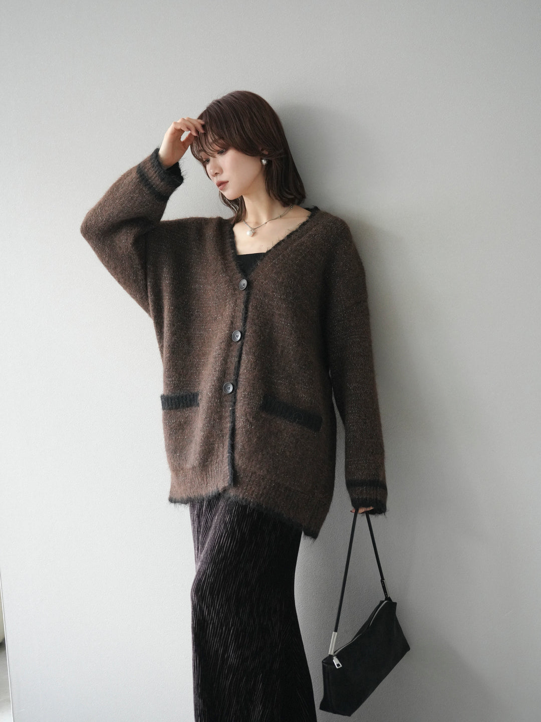 [予約]バイカラーラメニットカーディガン/brown