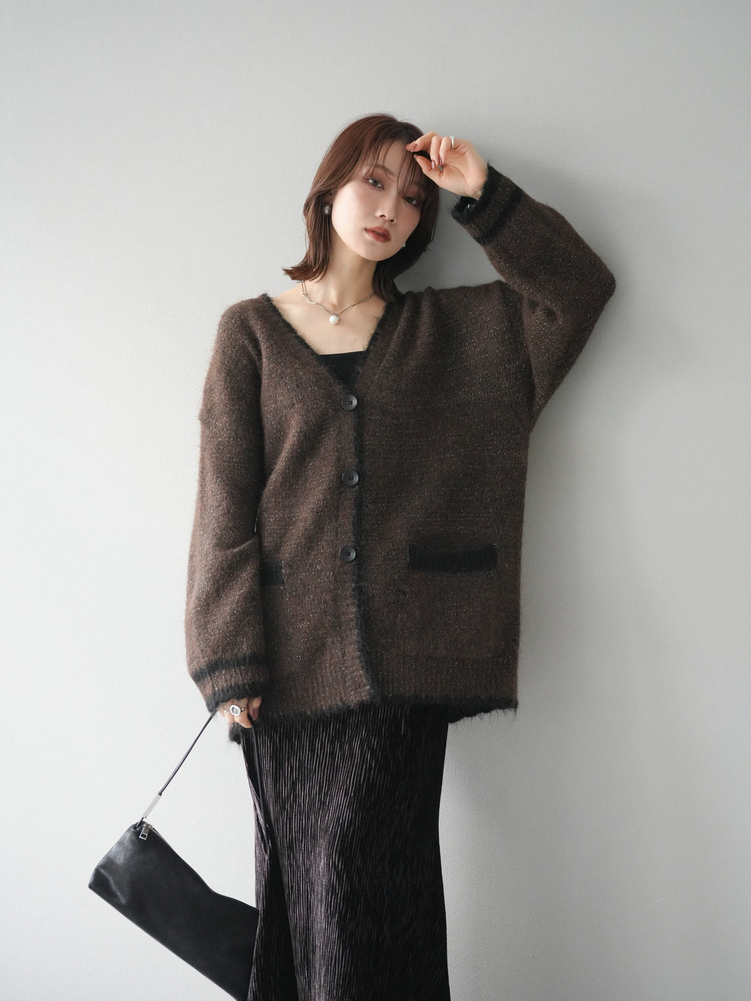 [予約]バイカラーラメニットカーディガン/brown