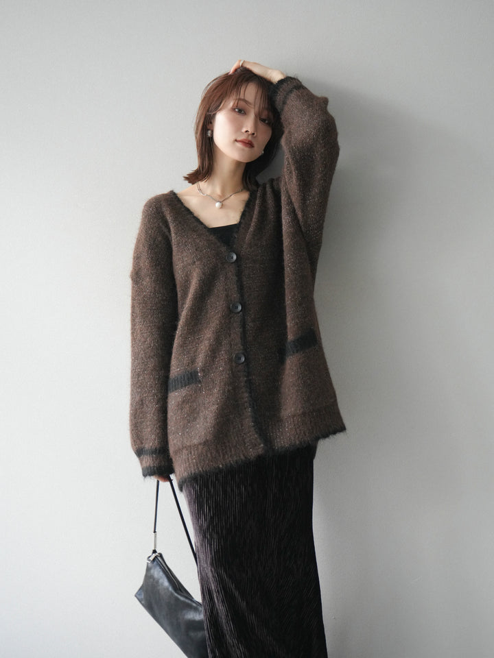 [予約]バイカラーラメニットカーディガン/brown