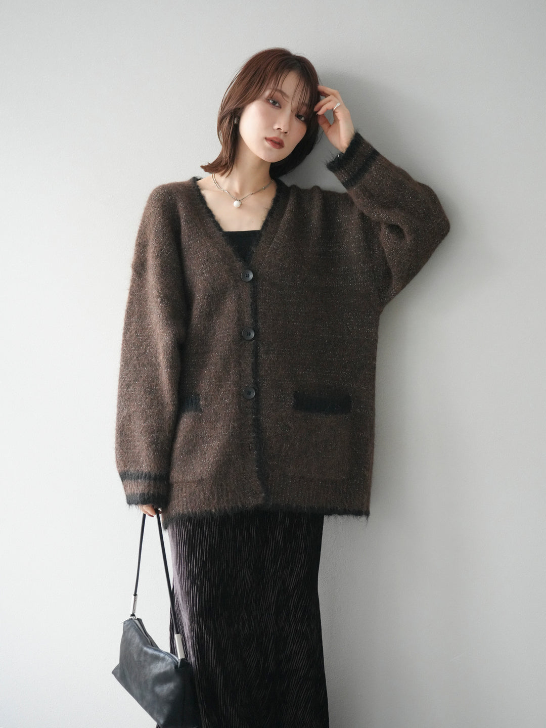 [予約]バイカラーラメニットカーディガン/brown