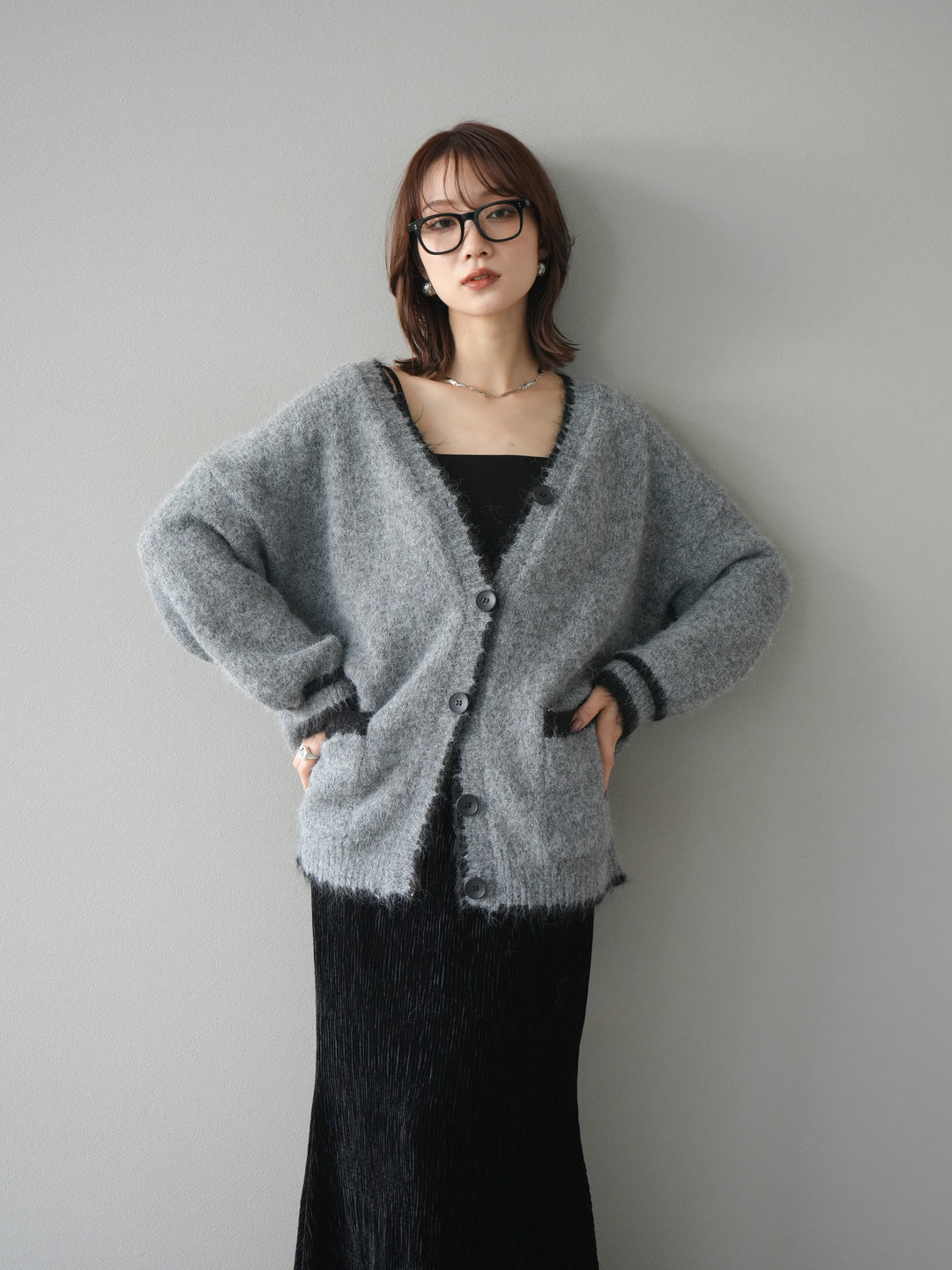 [予約]バイカラーラメニットカーディガン/gray