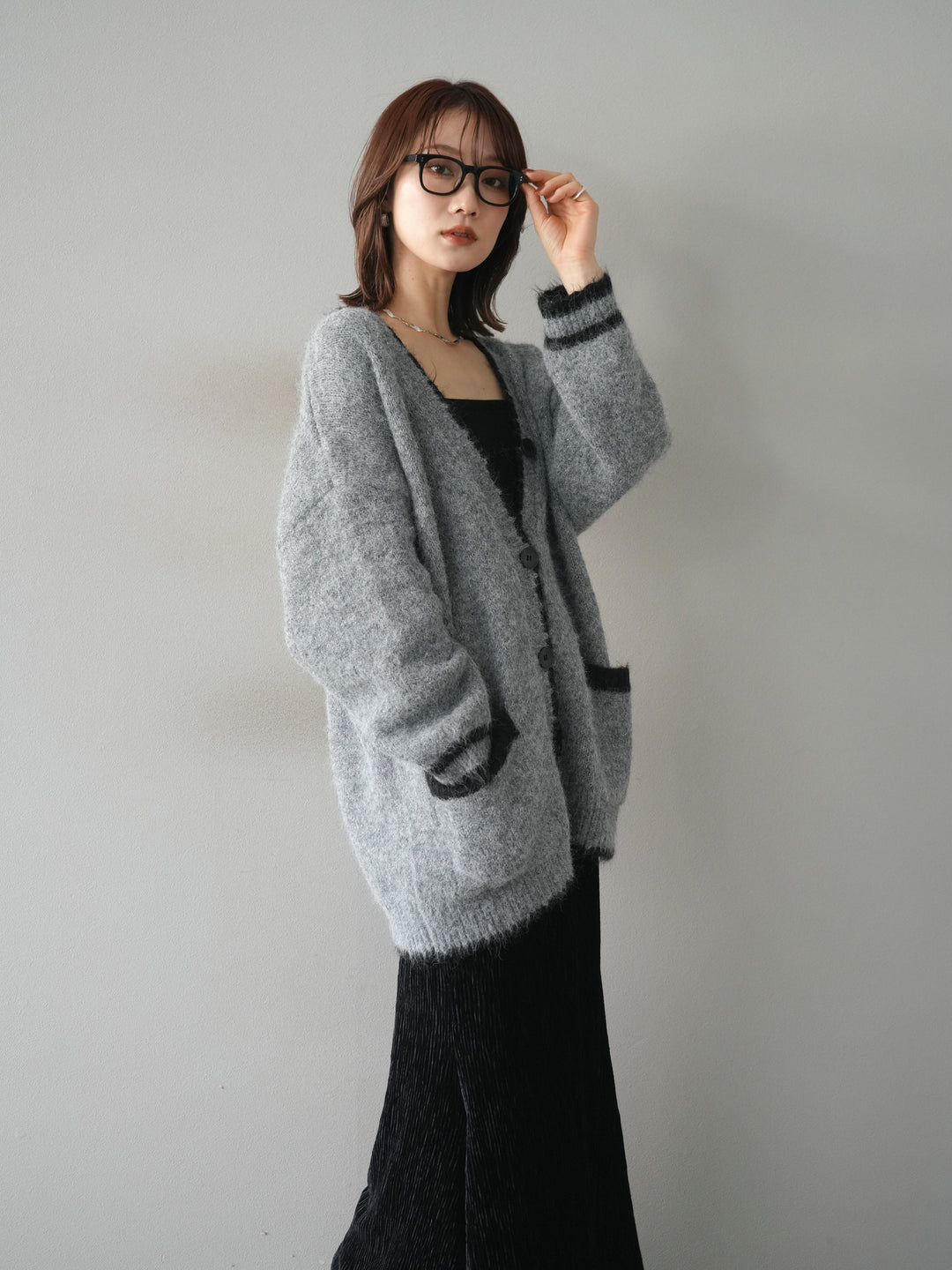 [予約]バイカラーラメニットカーディガン/gray