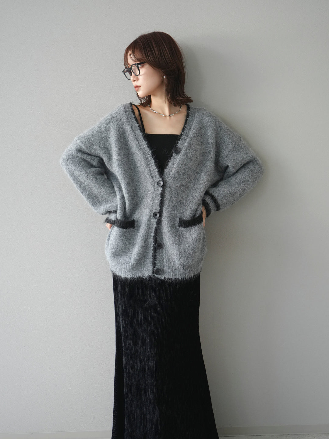 [予約]バイカラーラメニットカーディガン/gray