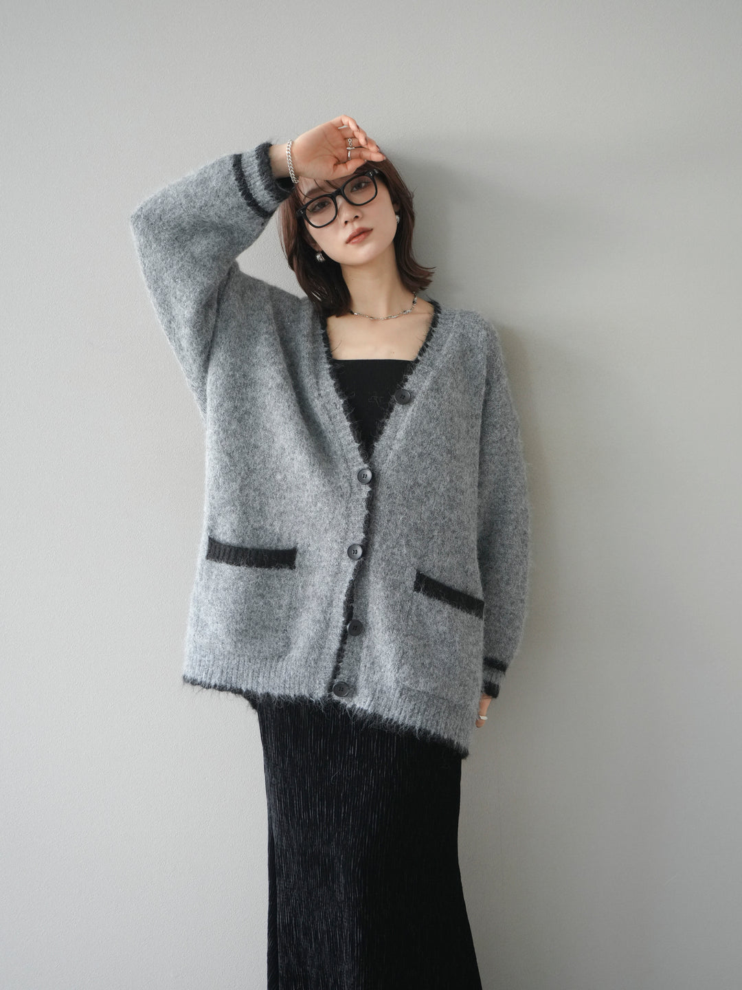 [予約]バイカラーラメニットカーディガン/gray