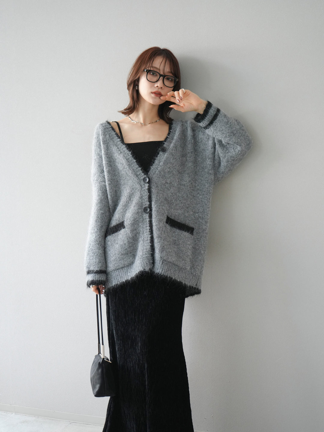 [予約]バイカラーラメニットカーディガン/gray