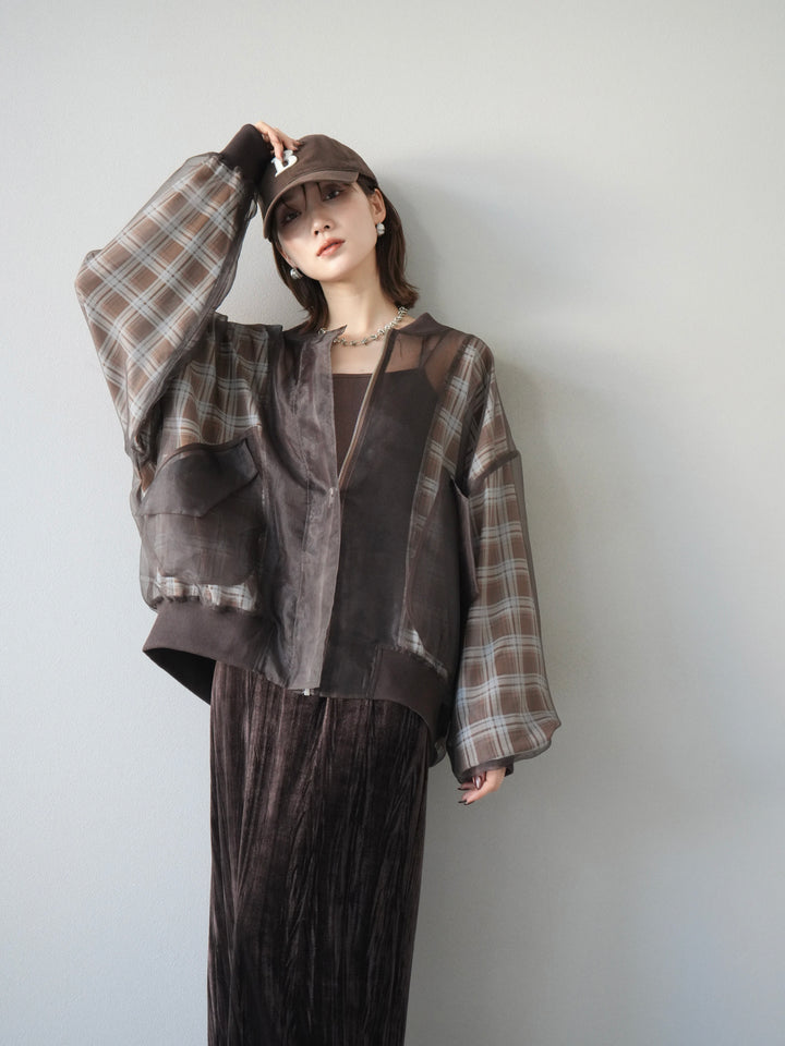 [預購] 格紋薄紗對接外套/棕色