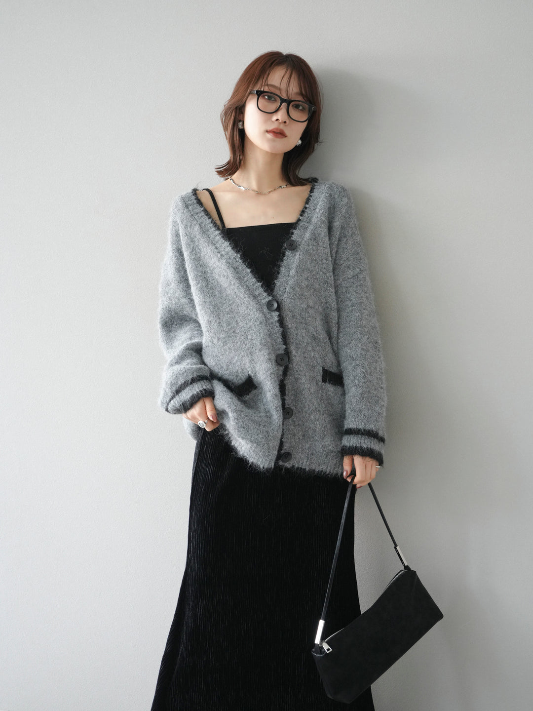[予約]バイカラーラメニットカーディガン/gray