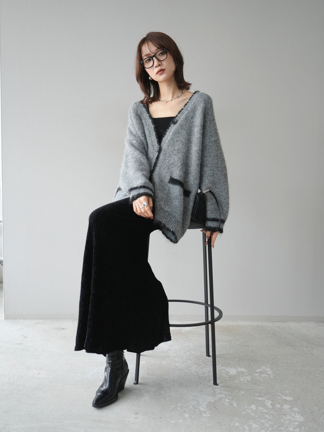 [予約]バイカラーラメニットカーディガン/gray