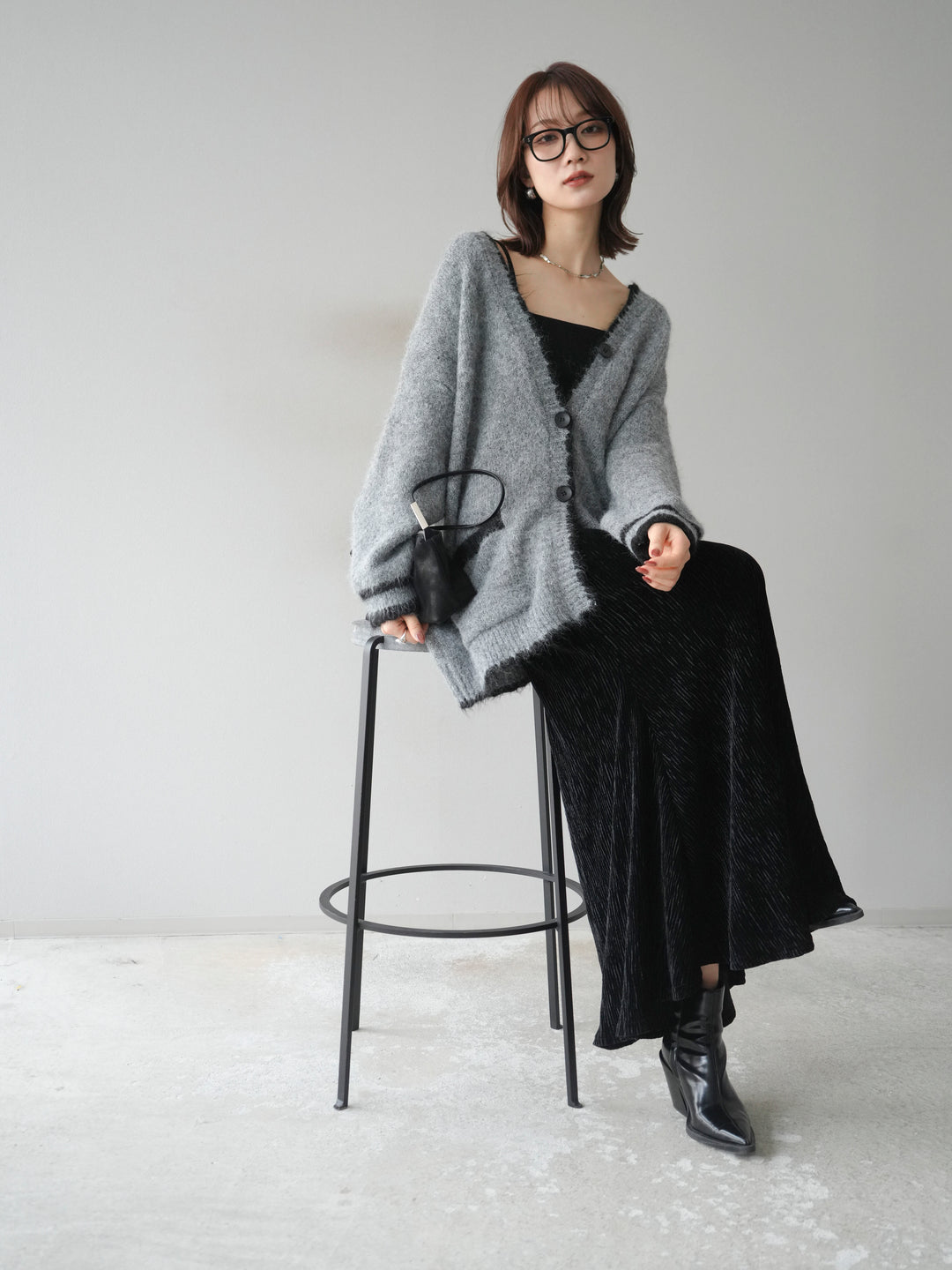 [予約]バイカラーラメニットカーディガン/gray