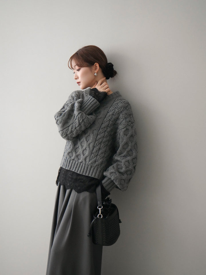 [SET]バルキーケーブルクロップドニットプルオーバー+テープベルトタックバギーパンツ(2set)