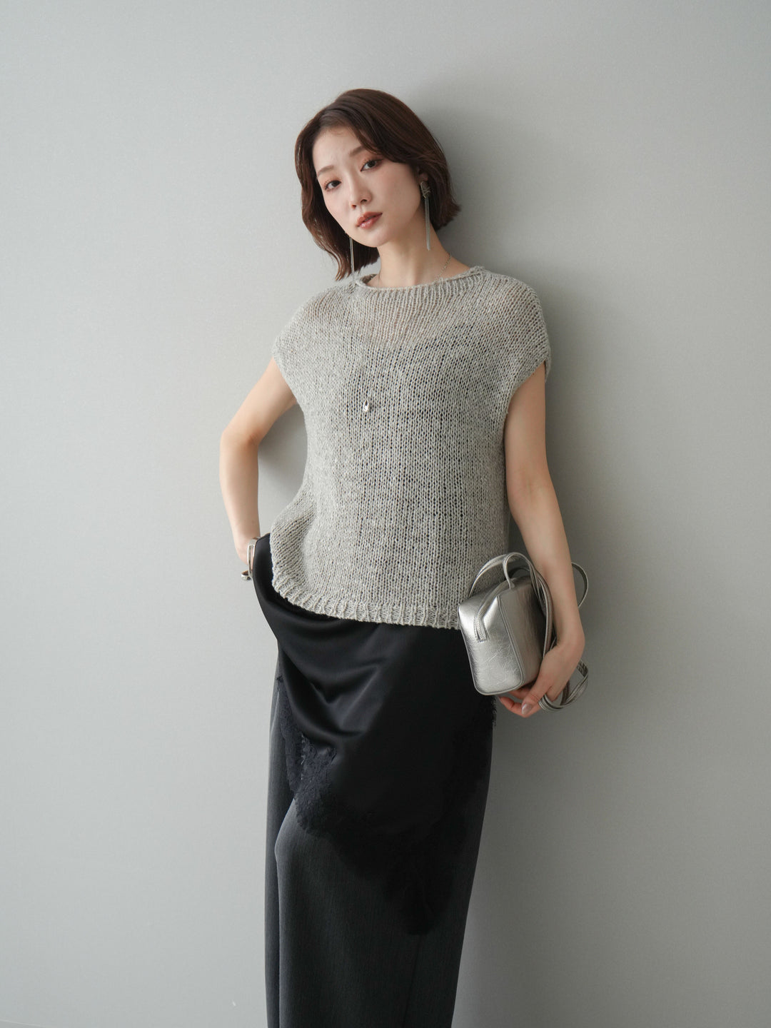 [予約]テープヤーンノースリーブニットトップス/gray