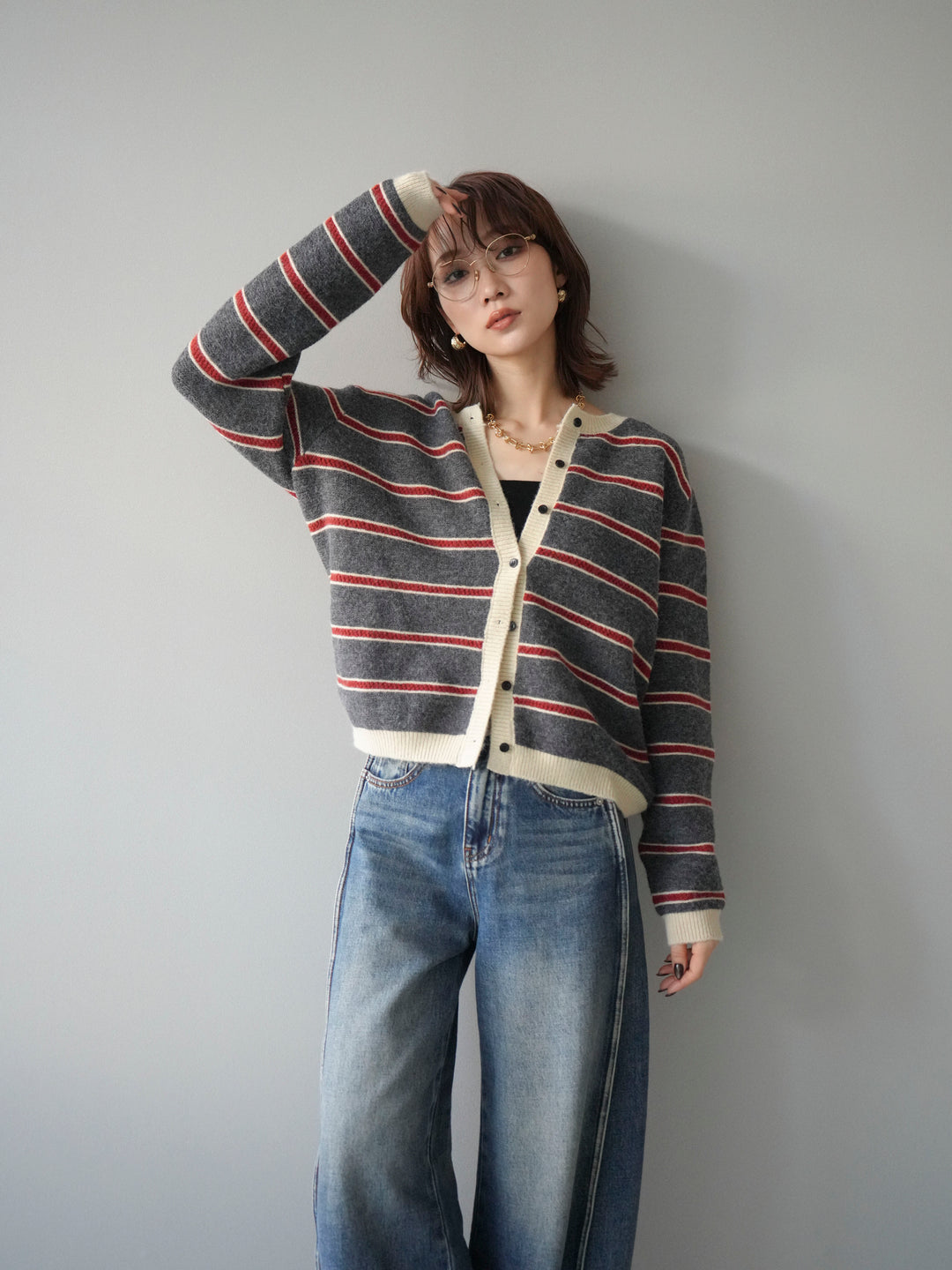 [予約]配色ボーダーニットカーディガン/gray