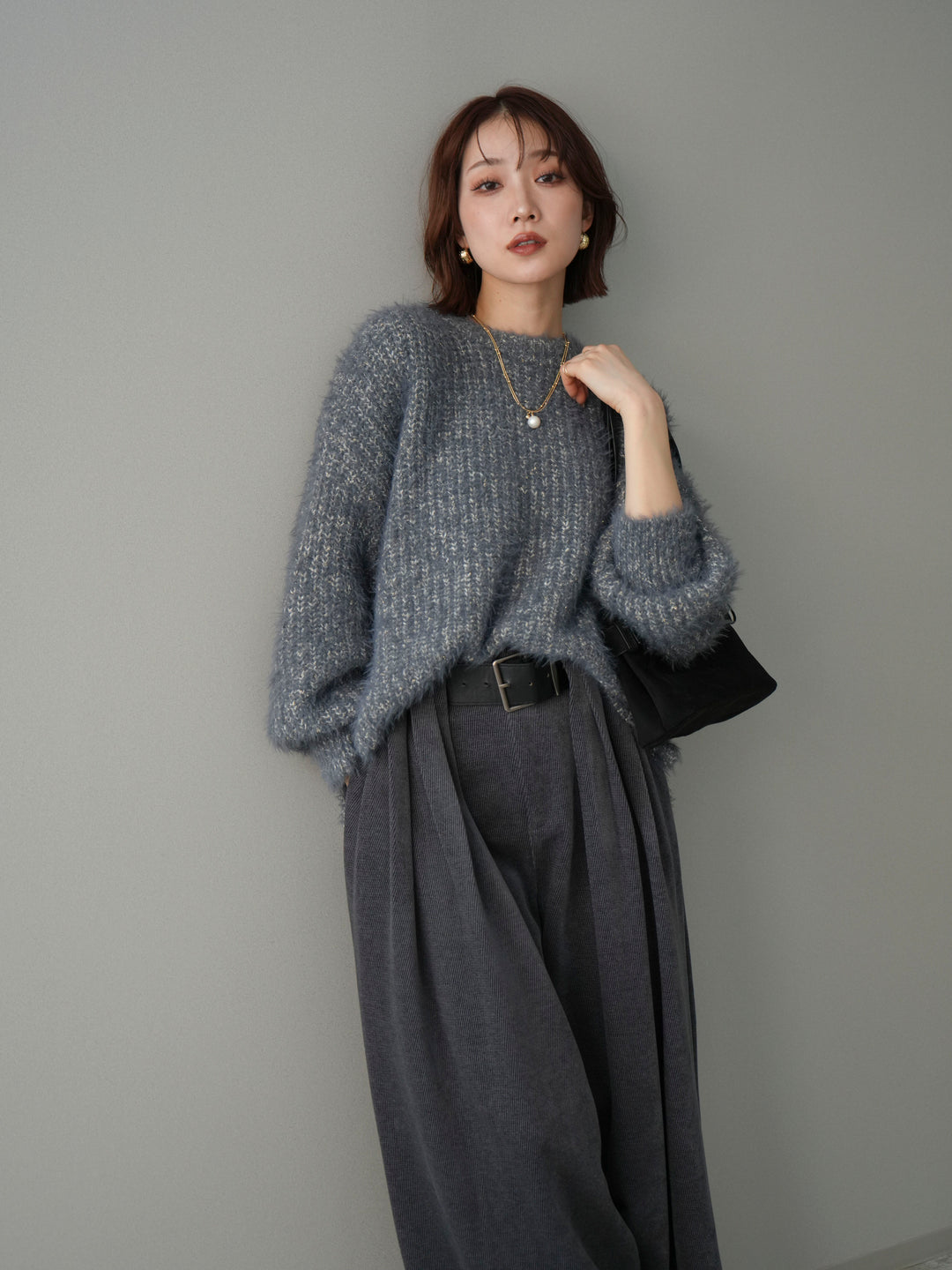 [予約]ボリュームスリーブシャギー MIXニットプルオーバー/charcoal
