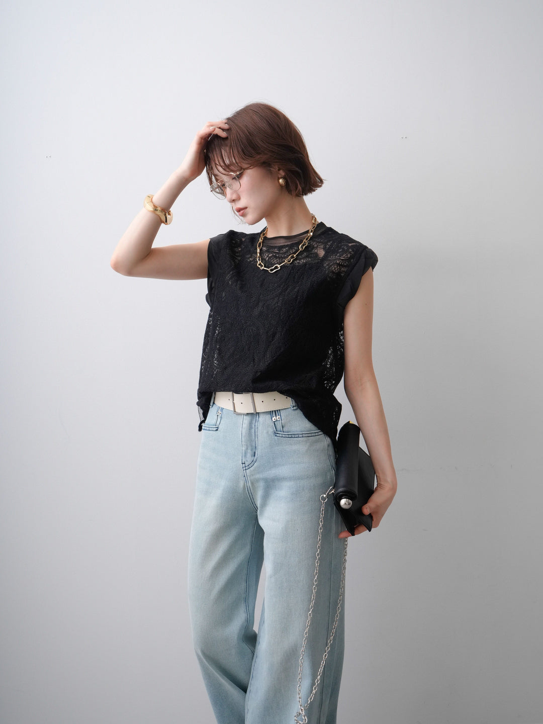 [予約]スカラップヘムレーストップス/black