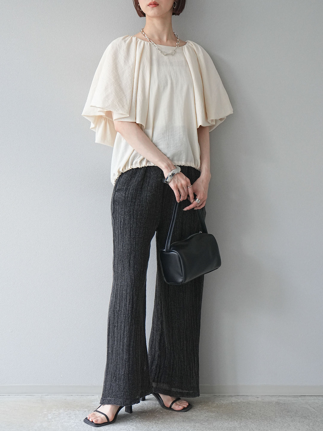 [予約]コットンラメメッシュイージーパンツ/グレー