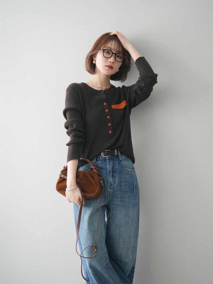 【預購】雙色拼接口袋亨利領針織衫/棕色