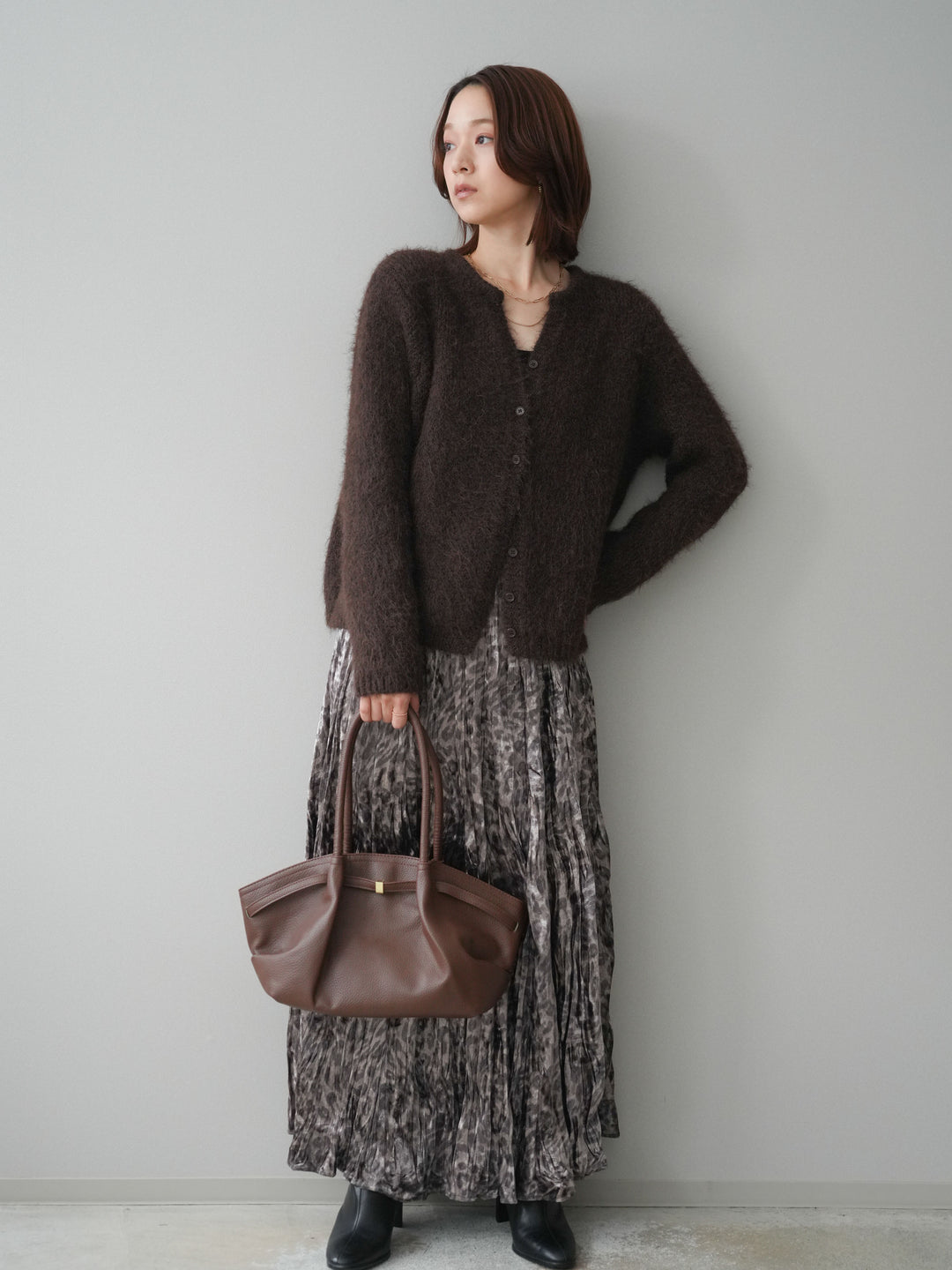 [予約]レオパードベロアワッシャーロングスカート/gray