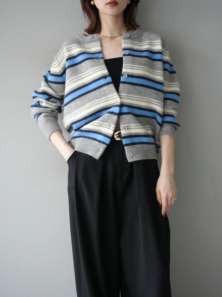 [SET]マルチボーダーニットカーディガン+ベルトループデザインワイドパンツ(2set)