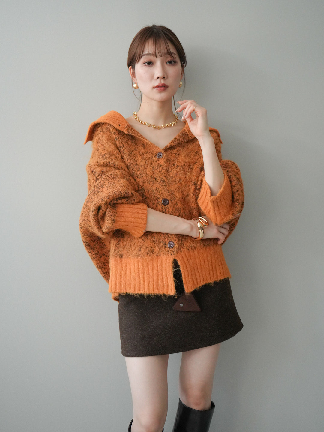 [予約]リブ切替メランジニットカーディガン/orange