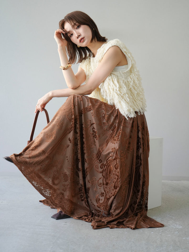 [SET]フリンジループニットベスト+アンティーク柄フロッキーマキシスカート(2set)