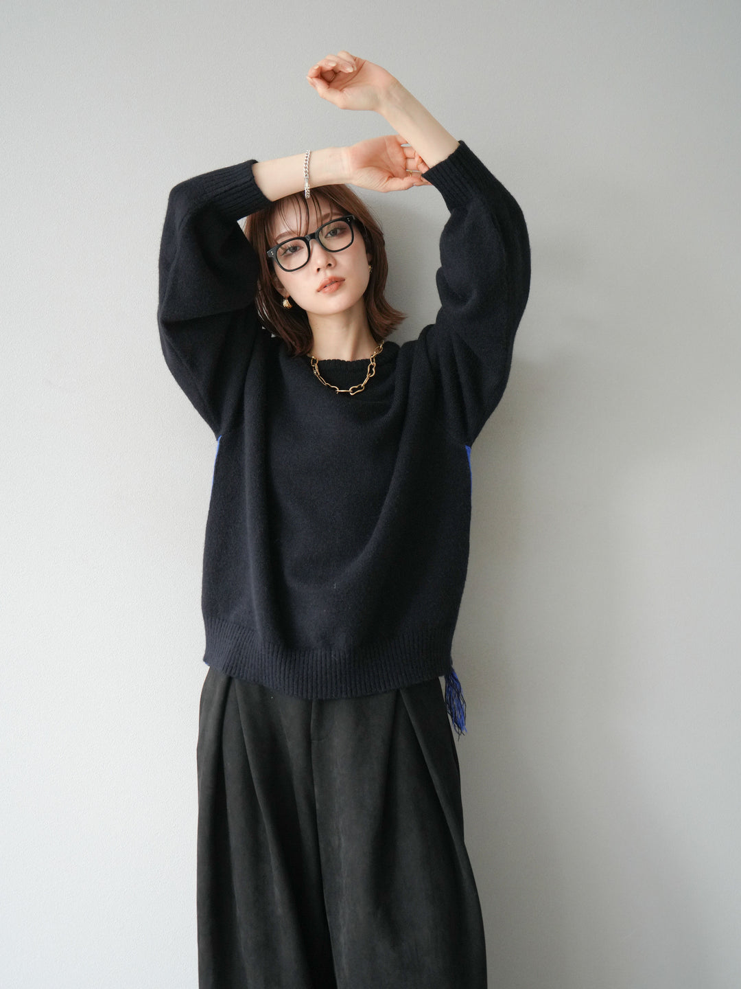 [SET]配色ステッチフリンジニットプルオーバー +スウェードタックワイドパンツ(2set)