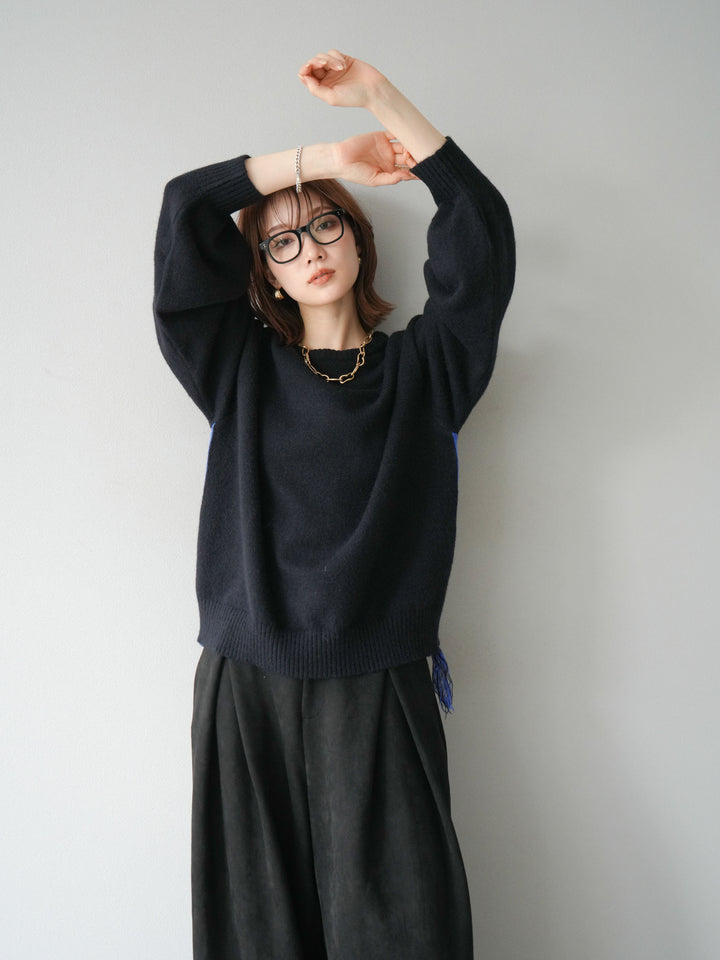 [SET]配色ステッチフリンジニットプルオーバー +スウェードタックワイドパンツ(2set)