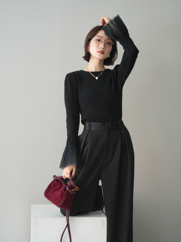 [SET]袖チュールパワショルリブニットトップス+袖チュールパワショルリブニットトップス(2set)