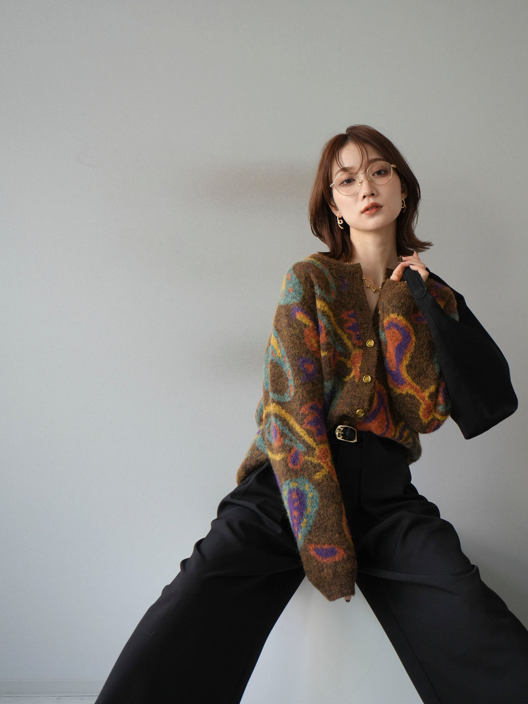 【着回しセット】[SET]求心柄クロップドニットカーディガン+ミックスヤーンペイズリー柄ニットカーディガン+ベルトループデザインワイドパンツ(3set)