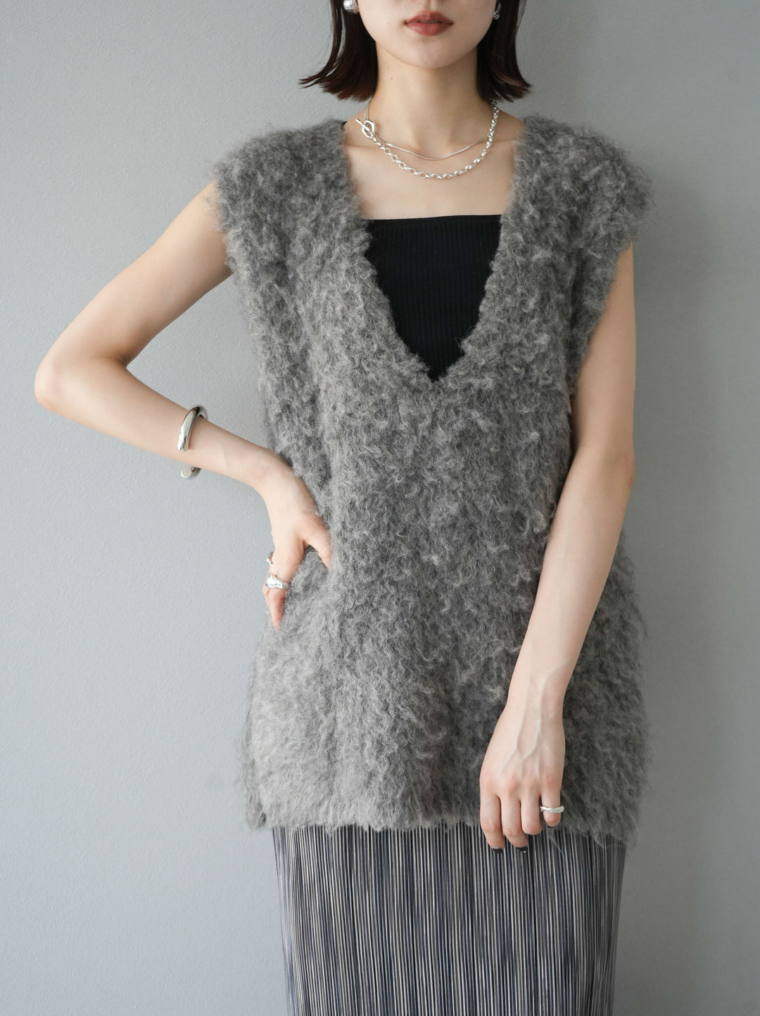 [予約]ウール混ミックスヤーンニットベスト/モカ