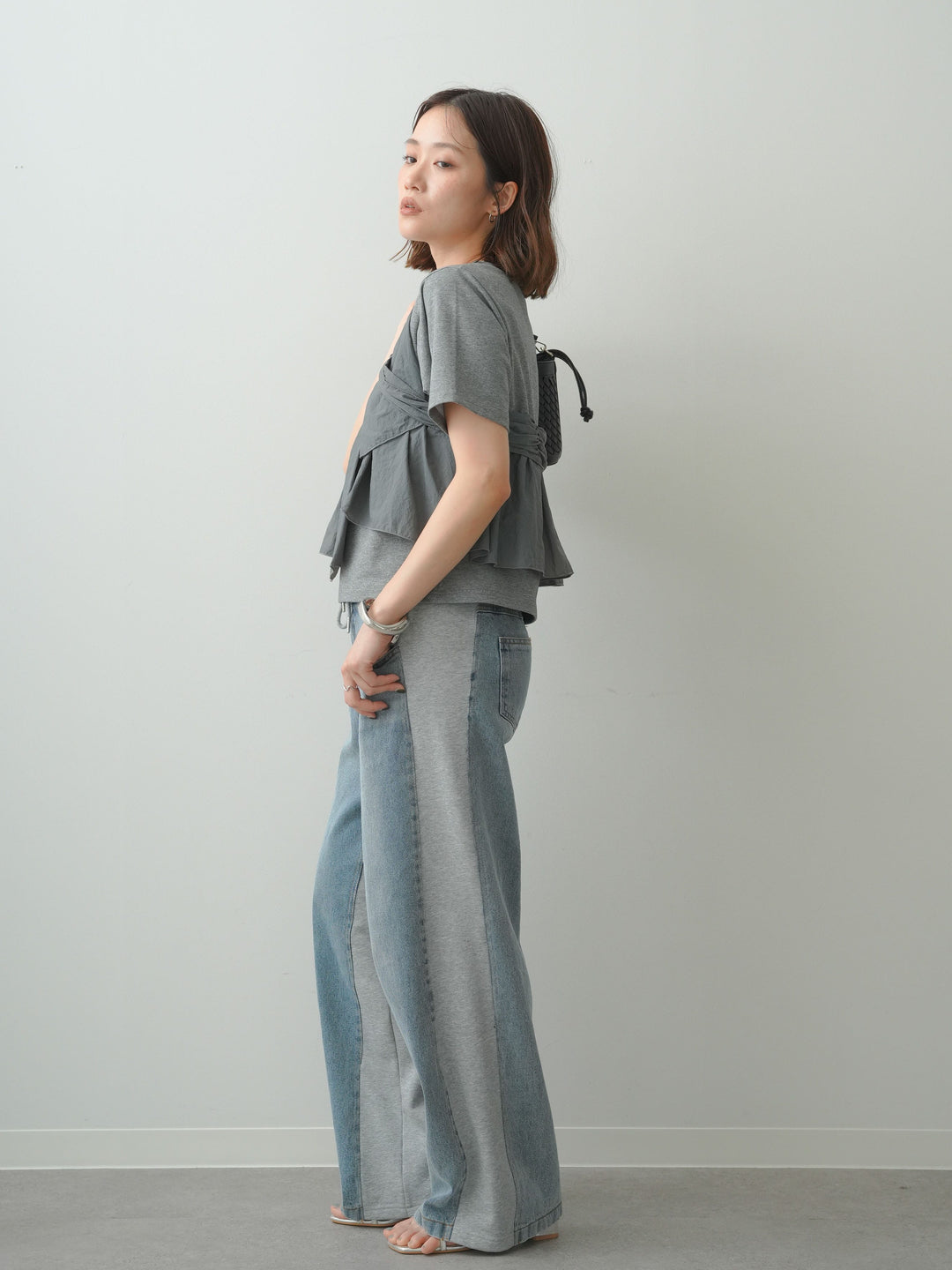 [SET]ナイロンドッキングツイストTEE +デニム切替スウェットパンツ(2set)