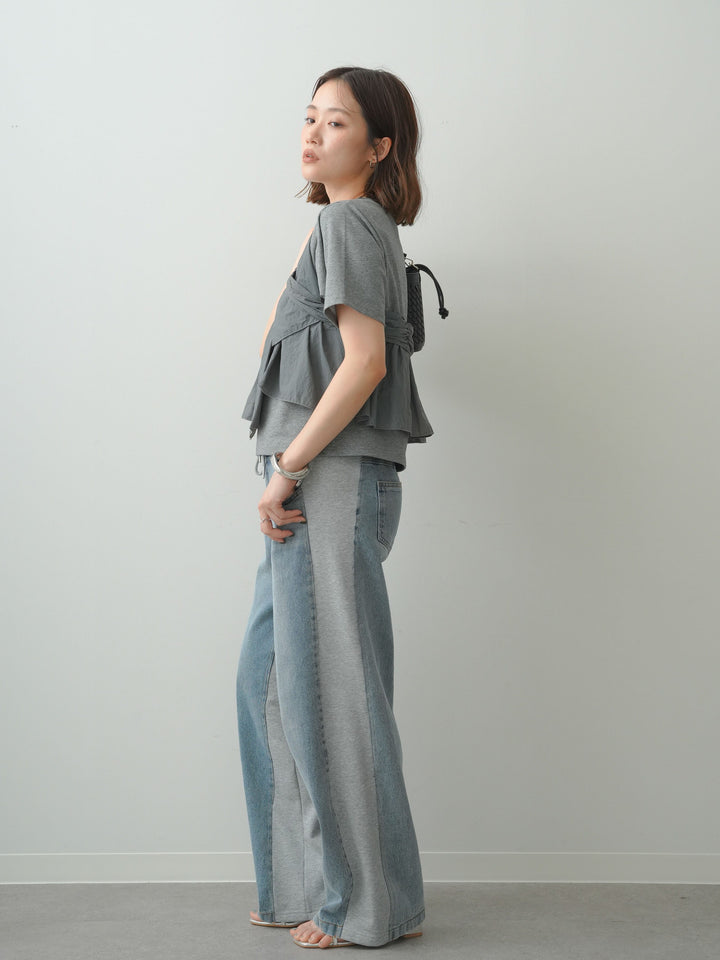 [SET]ナイロンドッキングツイストTEE +デニム切替スウェットパンツ(2set)