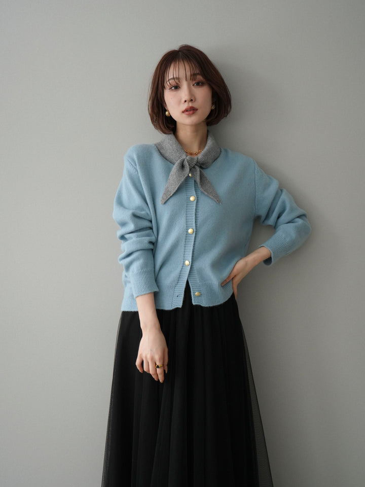 [SET]デザイン襟ニットカーディガン+チュールボリュームスカート(2set)