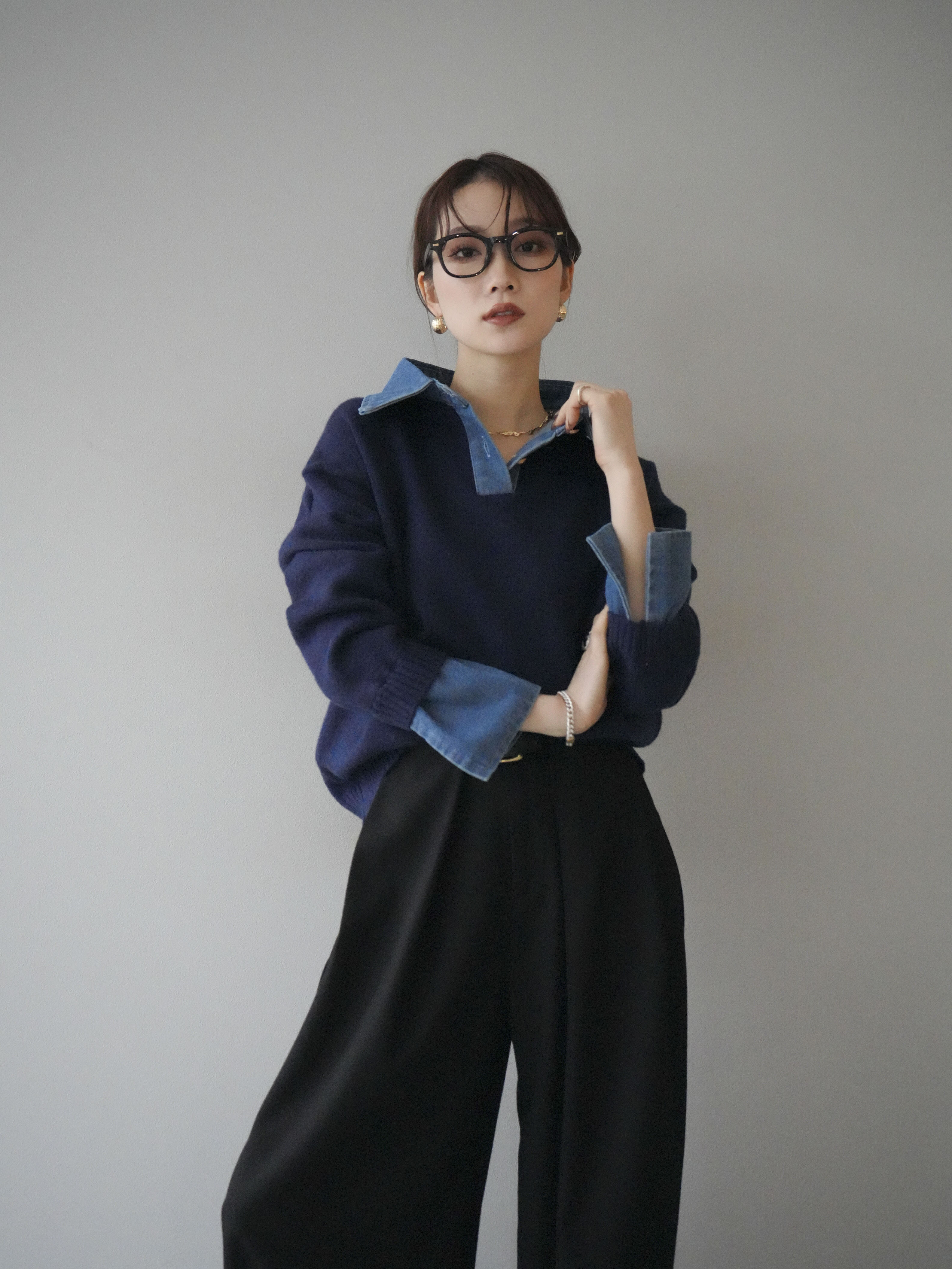 SET]デニム襟ポロニットプルオーバー+ベルトループデザインワイド