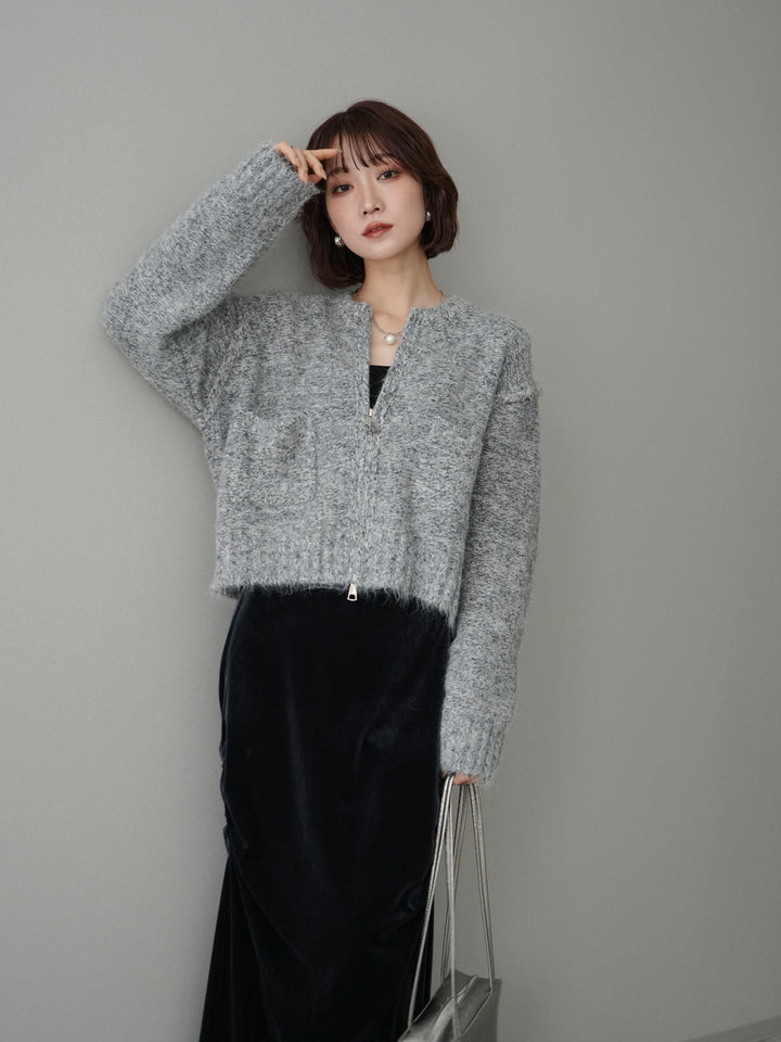 [SET]ミックスヤーンダブルZIPニットカーディガン+ギャザーベロアスカート(2set)