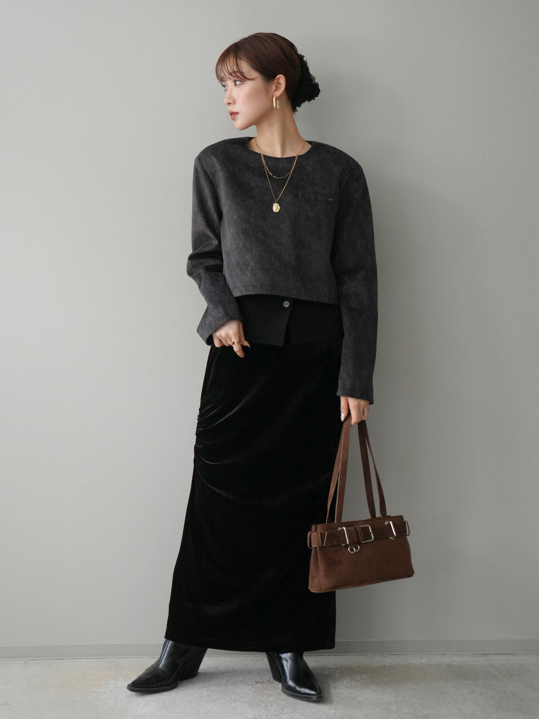 [予約]リブニットレイヤードスエードプルオーバー/charcoal