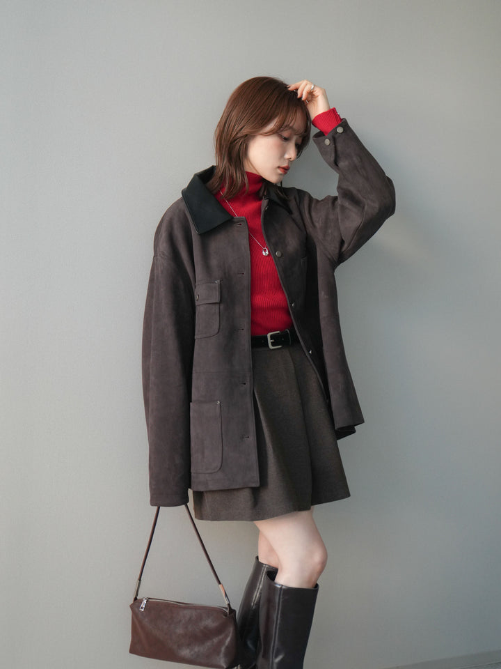 [SET]襟レザーステンカラースエードジャケット+ベルト付きタックミニスカート(2set)