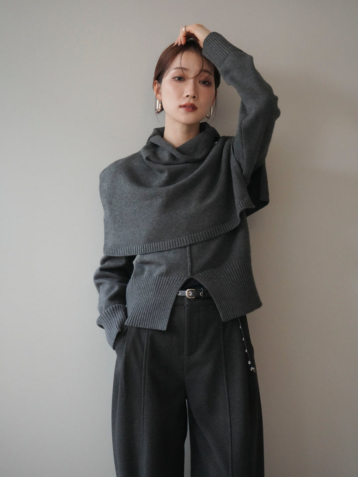 [予約]フロントスリットネックアンサンブルニット/charcoal