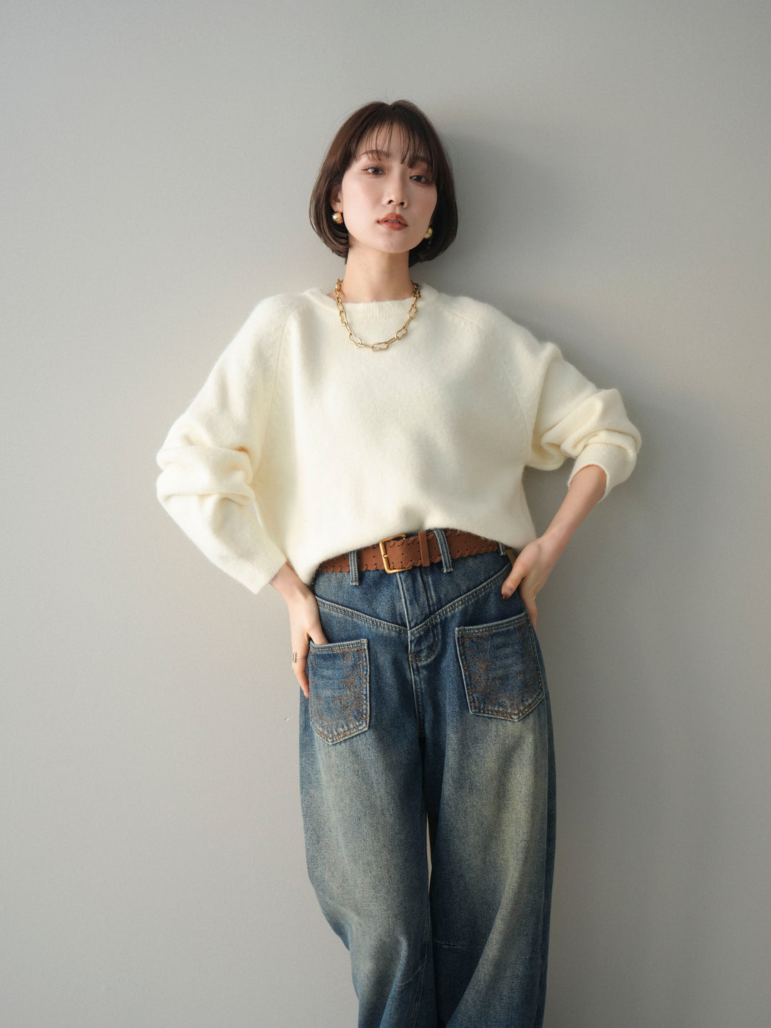 [予約]クルーネックモチモチニットプルオーバー/white