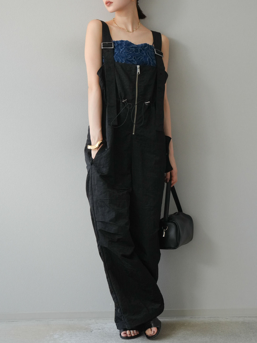 [予約]ナイロンタックデザインサロペット/ブラック