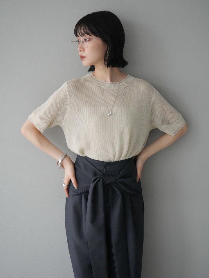 [SET]リネンタッチ配色二重臼ハーフニットトップス+ウエスト巻きデザインワイドパンツ(2set)