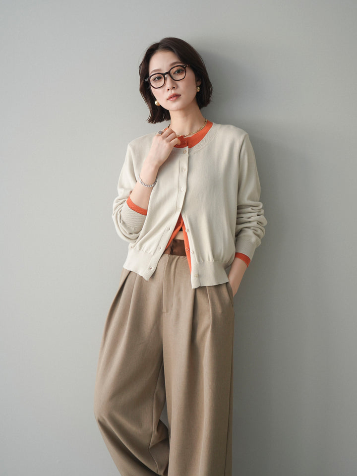 [予約]配色レイヤードコットンアクリルニットカーディガン/ivory