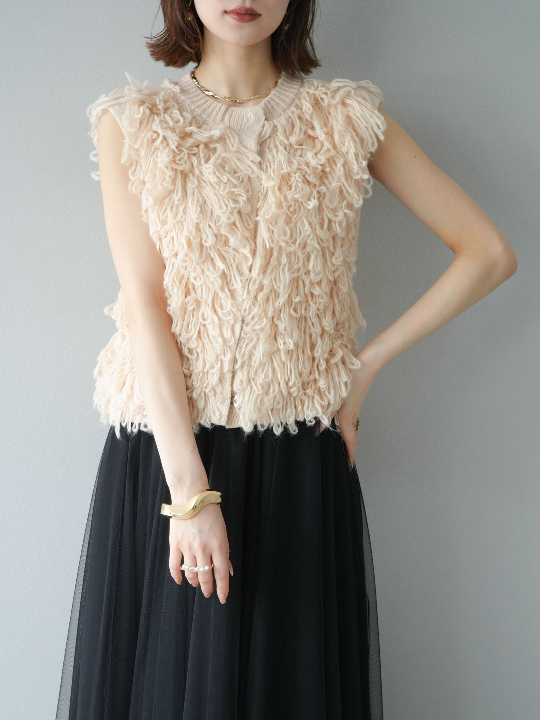 [SET] 前開衩針織背心 + 薄紗蓬鬆裙 (2 件套)